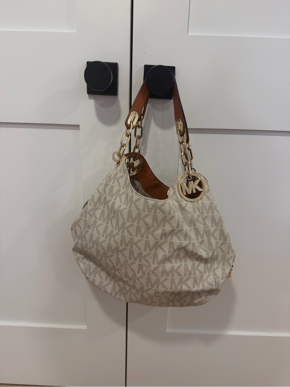 Michael Kors Beige Logo-Print Chain Strap Hobo